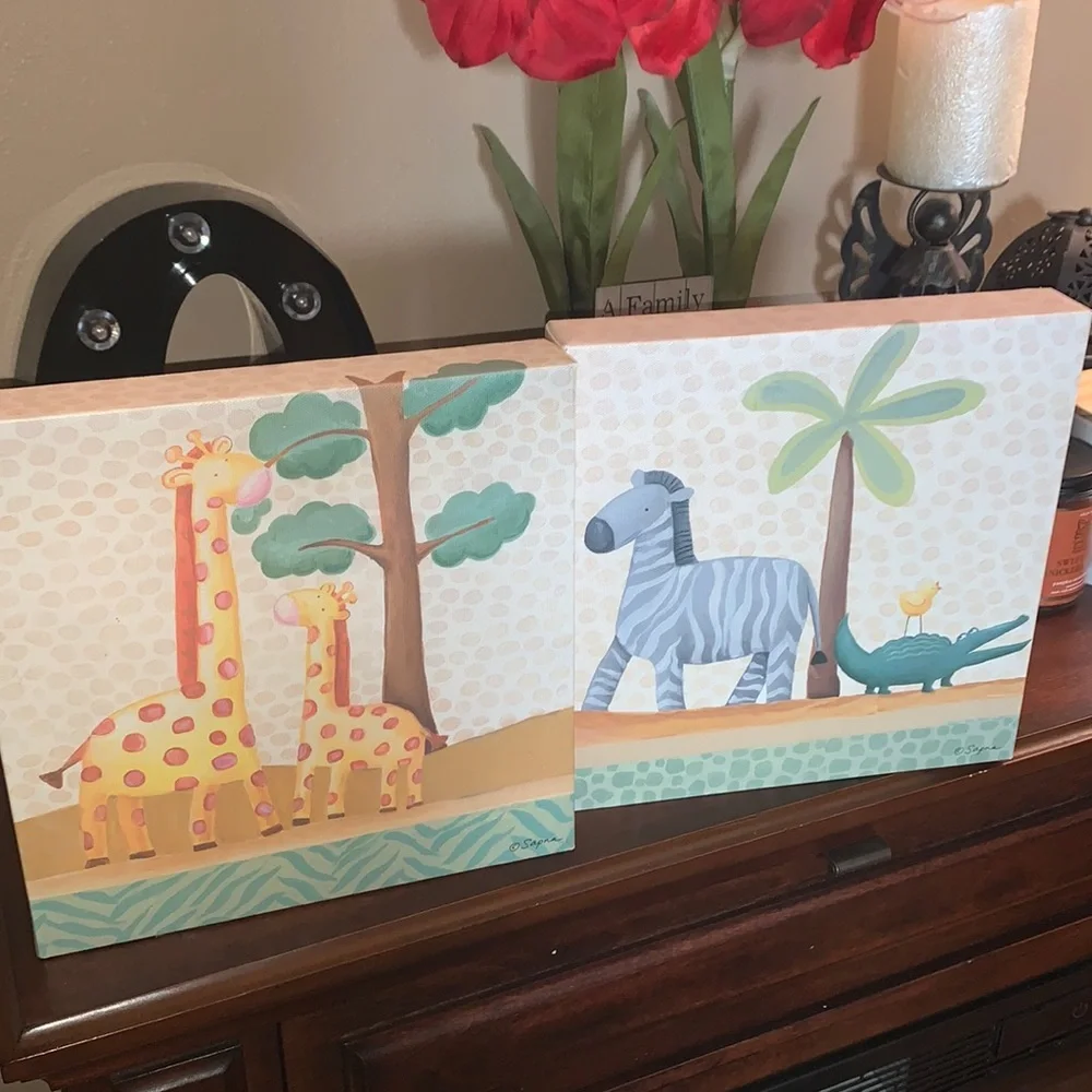 Baby Room Decor Giraffe & Zebra Safari Art Work for Room Walls 10x10 EUC